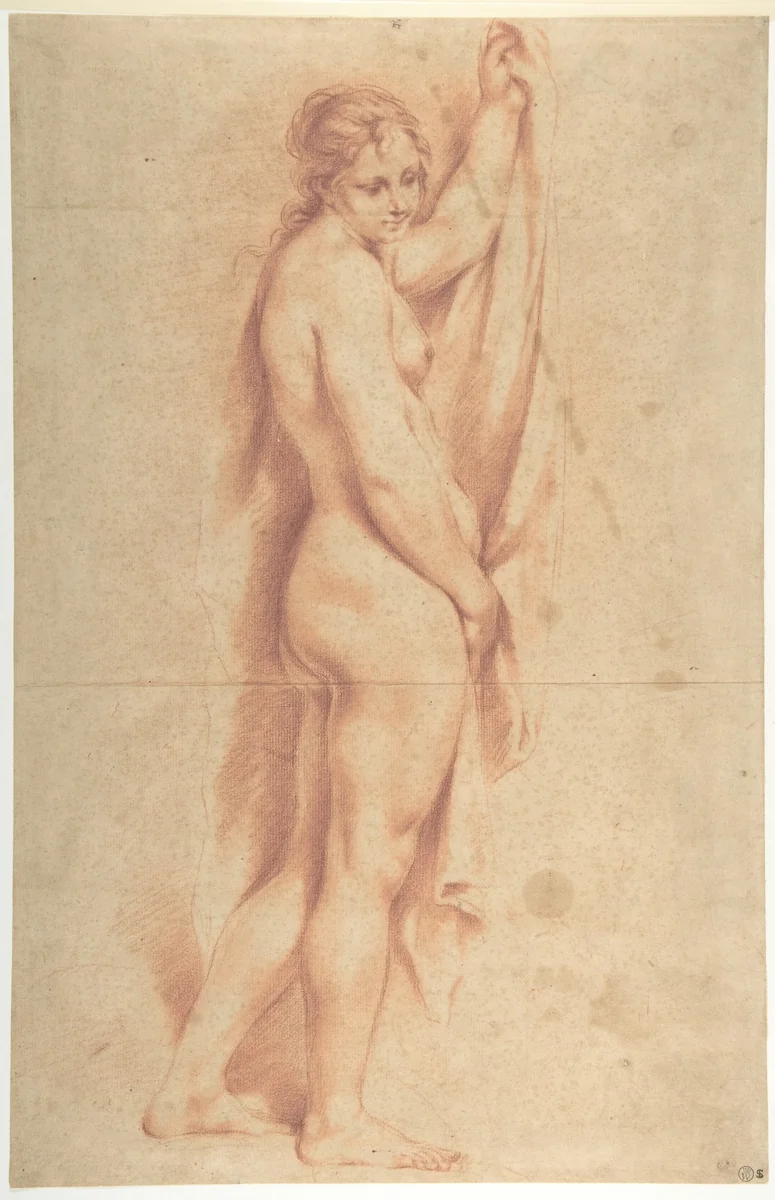 Standing Nude Female Figure (recto); Studies of a Kneeling Nude Female Figure and of a Man's Head (verso) by Carlo Cignani, drawing, 1620-1630