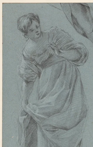 Staand meisje dat haar rok optilt by Simon Vouet, drawing, 1600-1659