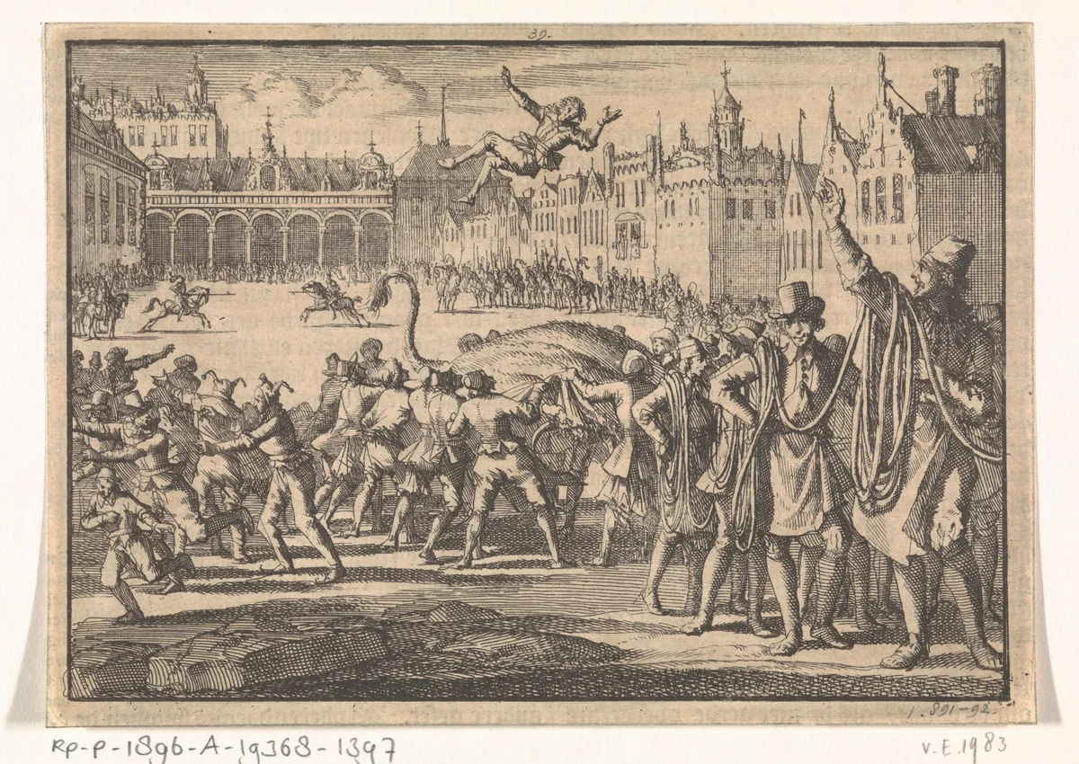 Boerenbruiloft door de vleeshouwers te Wenen voor keizer Matthias, 1613 by Jan Luyken, print, 1698