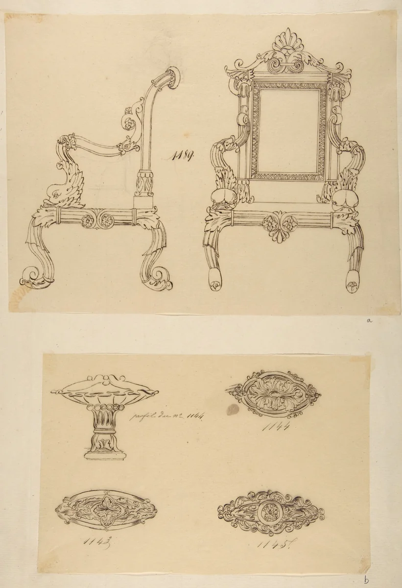 Design for a Chair and Three Designs for Ceiling Molding by anonymous, drawing, 1800-1899
