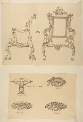 Design for a Chair and Three Designs for Ceiling Molding by anonymous, drawing, 1800-1899