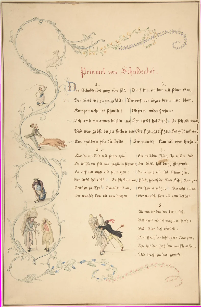 Sheets of Verses: Priamel vom Schuldenbot by Johann Martin Usteri, drawing, 1783-1827