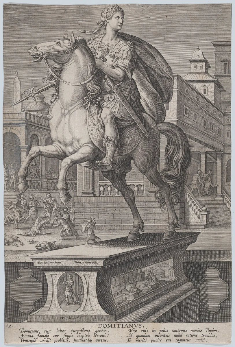 Plate 12: equestrian statue of Domitian, seen three-quarters to the left, with his stabbing death at right in the background, from 'Roman Emperors on Horseback' by Adriaen Collaert, print, 1582-1594
