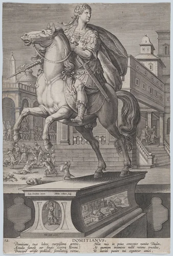 Plate 12: equestrian statue of Domitian, seen three-quarters to the left, with his stabbing death at right in the background, from 'Roman Emperors on Horseback' by Adriaen Collaert, print, 1582-1594
