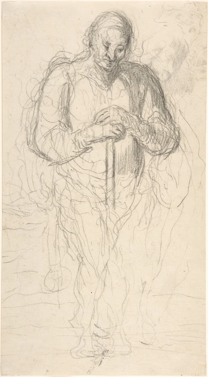 Standing Figure of a Man with a Staff by Honoré Daumier, drawing, 1825-1879