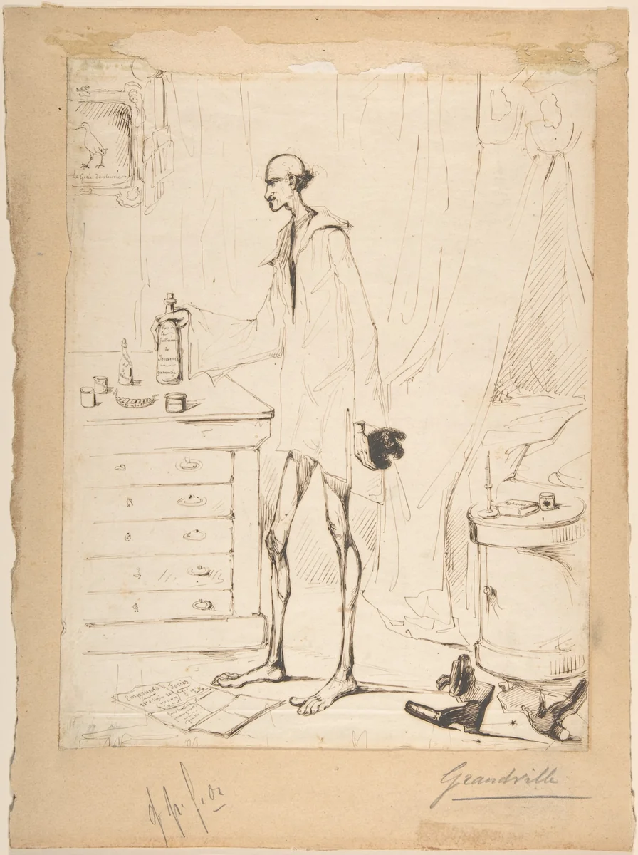 Man in a Nightshirt Reaching for a Bottle Labeled "Fountain of Youth" by J. J. Grandville, drawing, 1803-1847