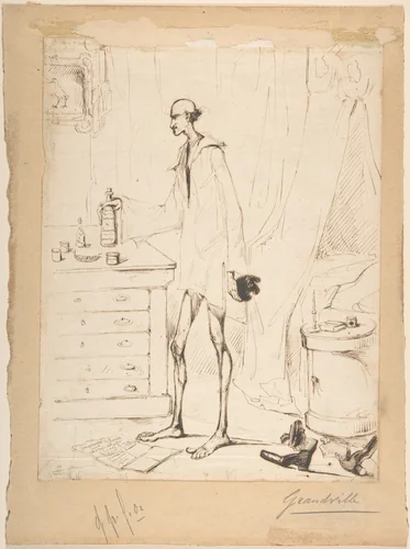 Man in a Nightshirt Reaching for a Bottle Labeled "Fountain of Youth" by J. J. Grandville, drawing, 1803-1847