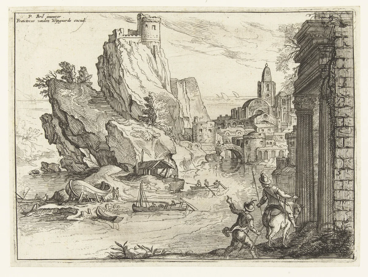 Rotskust van Campania met stad en reizigers by anonymous, print, 1590-1679