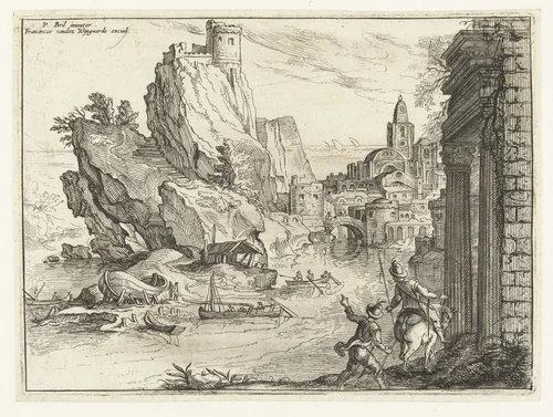 Rotskust van Campania met stad en reizigers by anonymous, print, 1590-1679