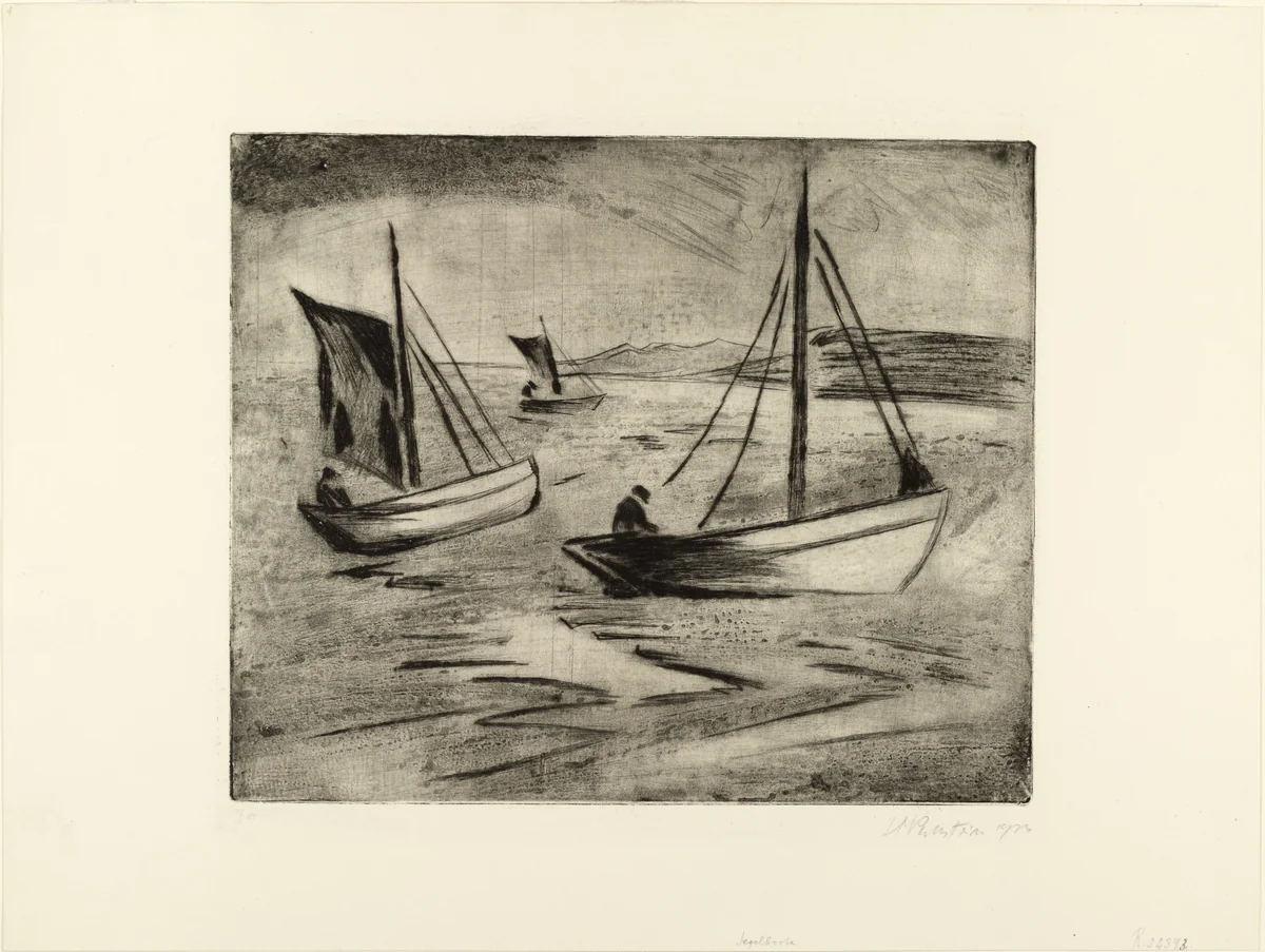 Sailboats near the Coast (Segelboote vor der Küste) by Max Pechstein, print, 1923