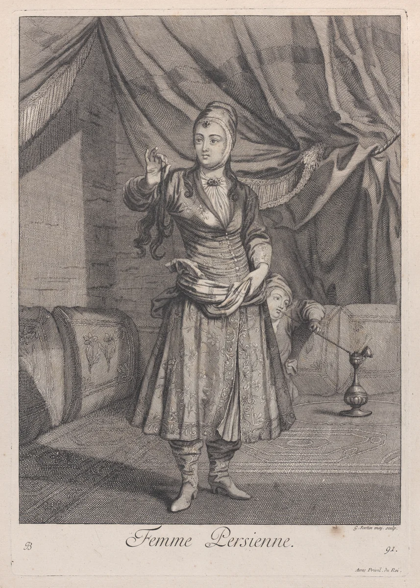 Femme Persienne, plate 91 from "Recueil de cent estampes représentent differentes nations du Levant" by Jean Baptiste Vanmour, print, 1714-1715