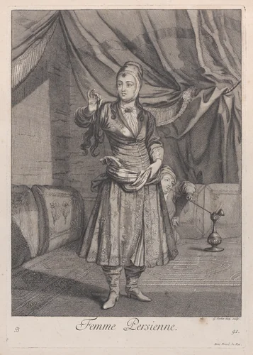 Femme Persienne, plate 91 from "Recueil de cent estampes représentent differentes nations du Levant" by Jean Baptiste Vanmour, print, 1714-1715