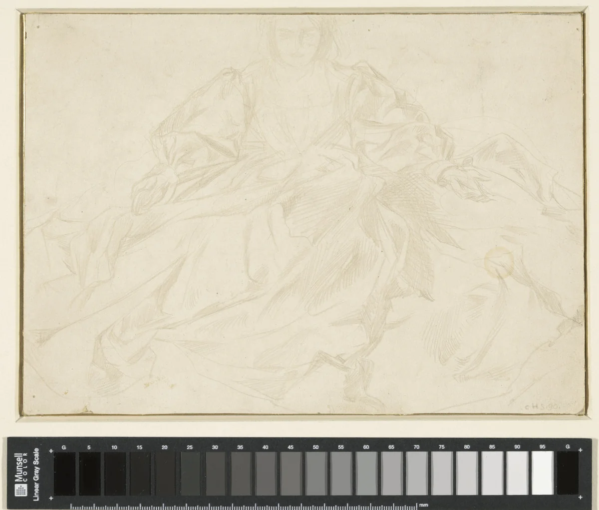 Zittende vrouw met japon en gespreide armen by Charles Haslewood Shannon, drawing, 1890