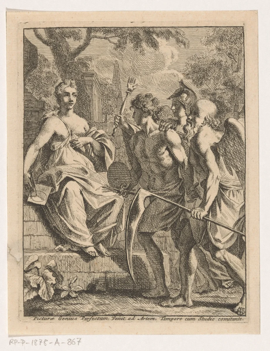 Schilderkunst wordt door Vader Tijd naar de Volmaaktheid gebracht by Louis Fabritius Dubourg, print, 1713-1775