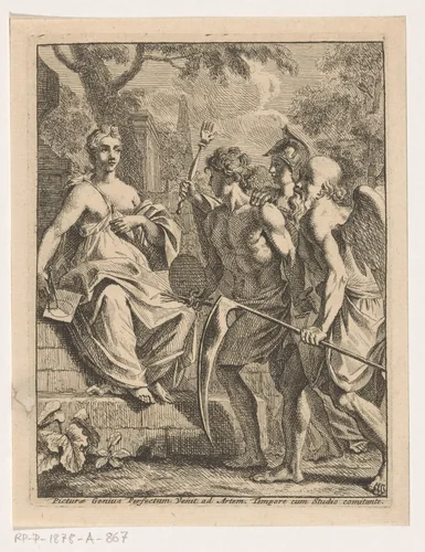 Schilderkunst wordt door Vader Tijd naar de Volmaaktheid gebracht by Louis Fabritius Dubourg, print, 1713-1775