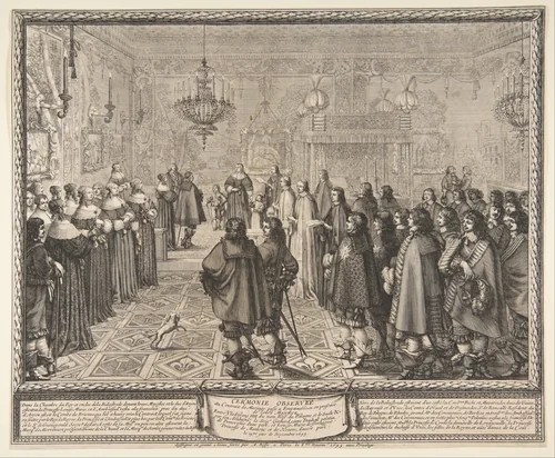 Ceremony of the Contract of Marriage between Władysław IV, King of Poland, and Marie Louise Gonzaga, Princess of Mantua, at Fontainebleau by Abraham Bosse, print, 1645