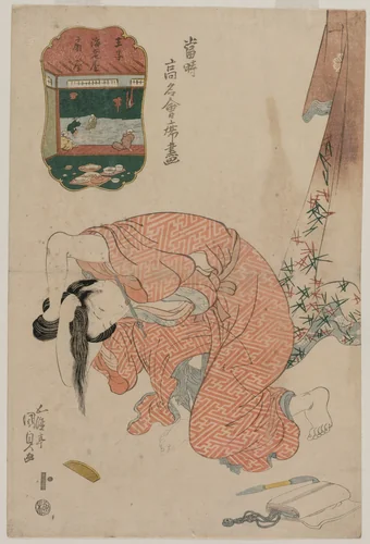 Woman Tying Her Hair (from the series Famous Restaurants of the Present Day) by Utagawa Kunisada (歌川国貞), print, 1820-1824