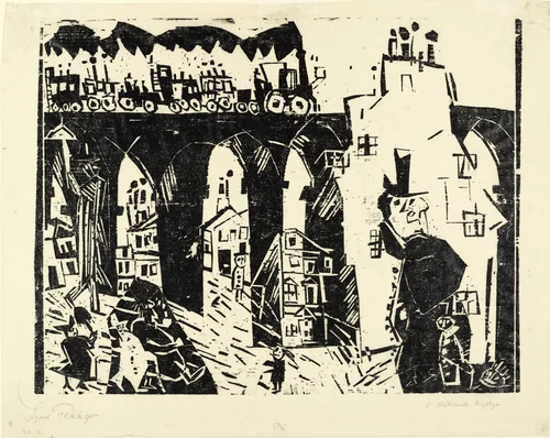 Railroad Viaduct (Die Eisenbahnbrücke) by Lyonel Feininger, print, 1919