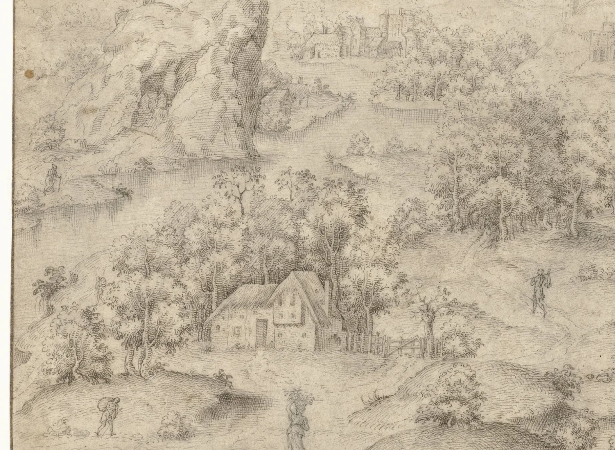 Fantasielandschap met een steile rots by anonymous, drawing, 1538-1564
