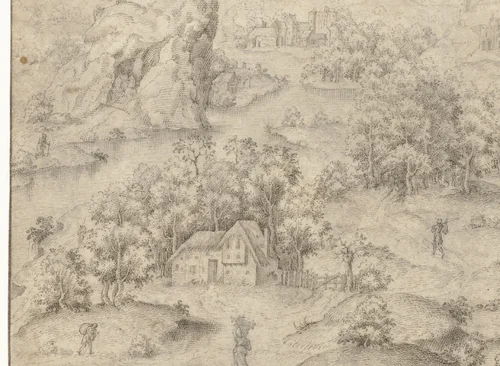 Fantasielandschap met een steile rots by anonymous, drawing, 1538-1564
