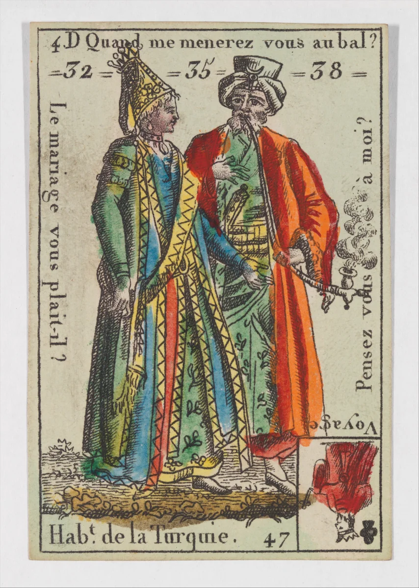 Hab.t de la Turquie, from the playing cards (for quartets) "Costumes des Peuples Étrangers" by anonymous, print, 1700-1799
