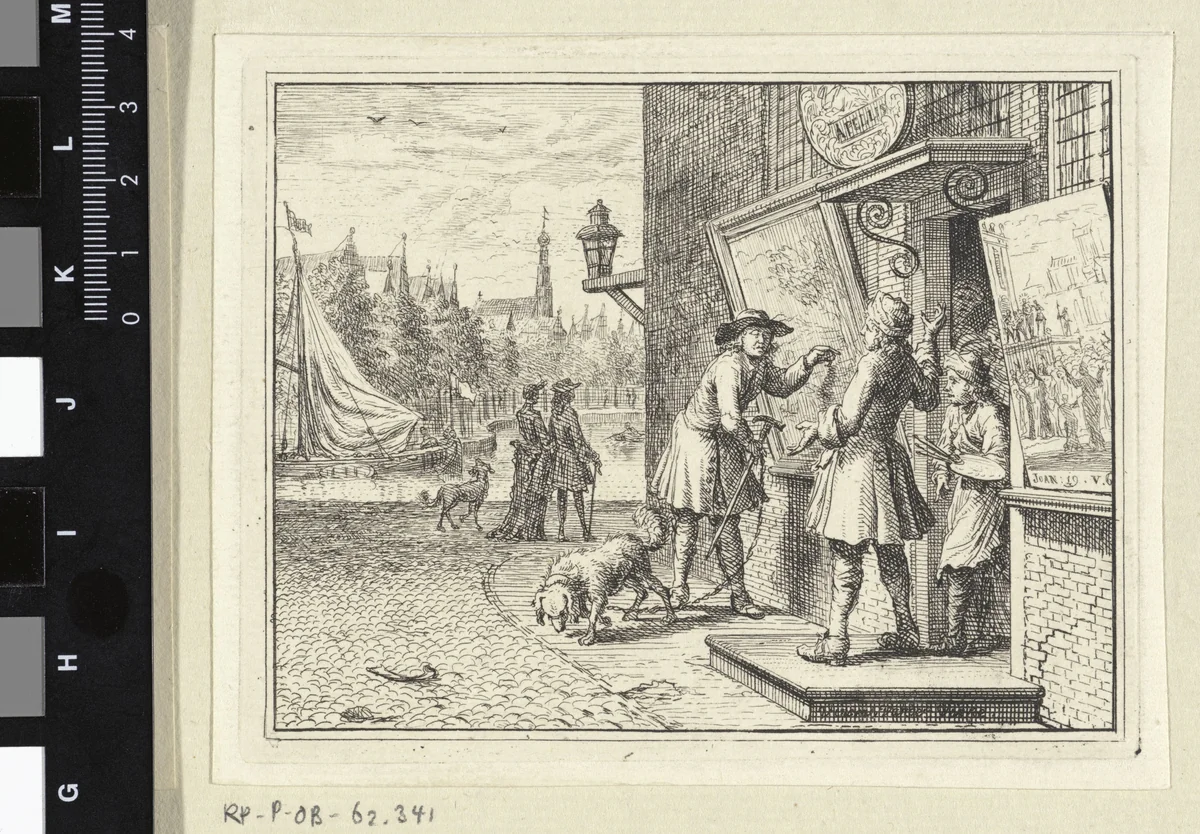Man voor de winkel van een schilder by Vincent Laurensz. van der Vinne, print, 1714