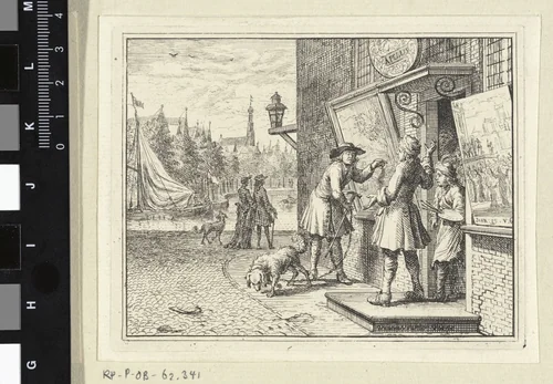Man voor de winkel van een schilder by Vincent Laurensz. van der Vinne, print, 1714