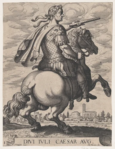 Plate 1: Emperor Julius Caesar on Horseback, from ' The First Twelve Roman Caesars', after Tempesta by Matthäus Merian, print, 1610-1650