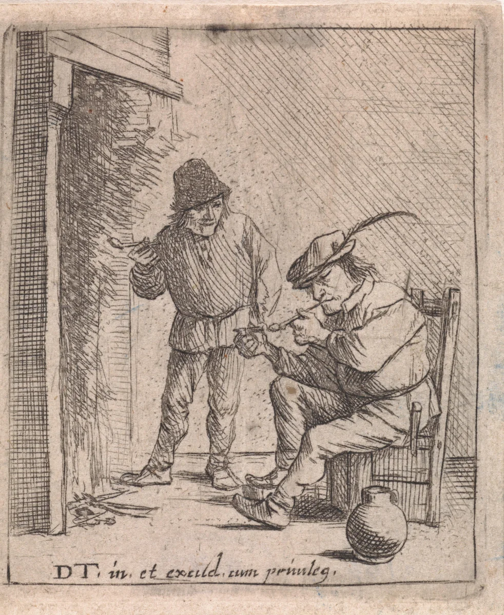 Twee boeren bij de haard by anonymous, print, 1626-1690