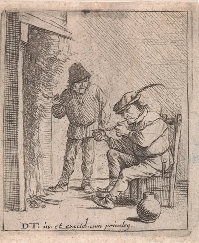 Twee boeren bij de haard by anonymous, print, 1626-1690