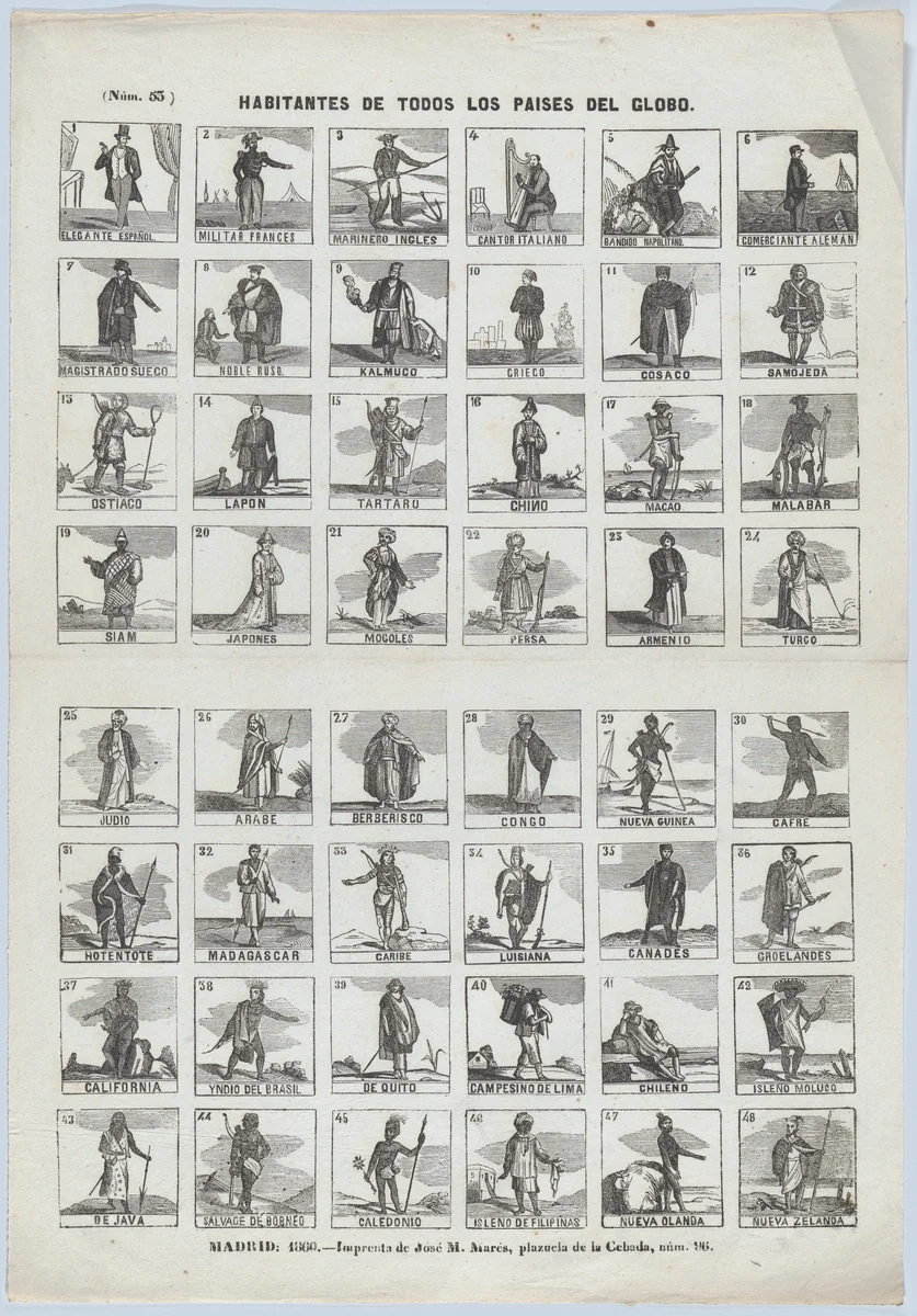 Broadside with 48 scenes depicting the people of the world by José María Marés, print, 1860