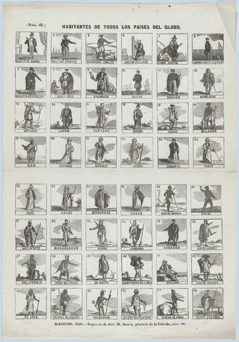 Broadside with 48 scenes depicting the people of the world by José María Marés, print, 1860