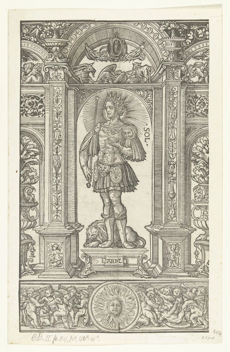 Apollo (Sol) met sterrenbeeld Leeuw in architecturale omlijsting by Unknown, print, 1483-1581
