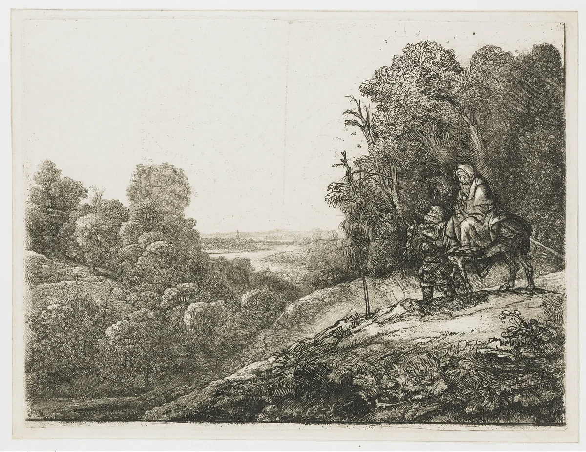 The flight into Egypt: altered plate from Seghers by Rembrandt van Rijn, print, 1653