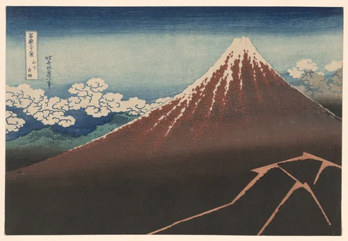 Shower Below the Summit (Sanka hakuu), from the series "Thirty-Six Views of Mount Fuji (Fugaku sanjurokkei)" by Katsushika Hokusai (葛飾 北斎), print, 1825-1838