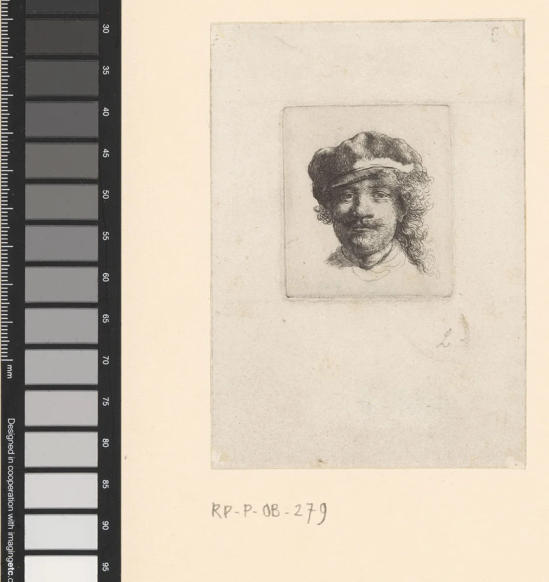 Self-portrait wearing a soft cap: full face, head only by Rembrandt van Rijn, print, 1634