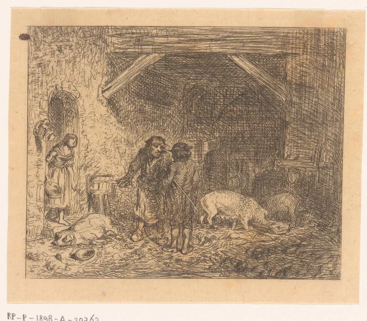 Twee slagers in een varkensstal by Charles Emile Jacque, print, 1844