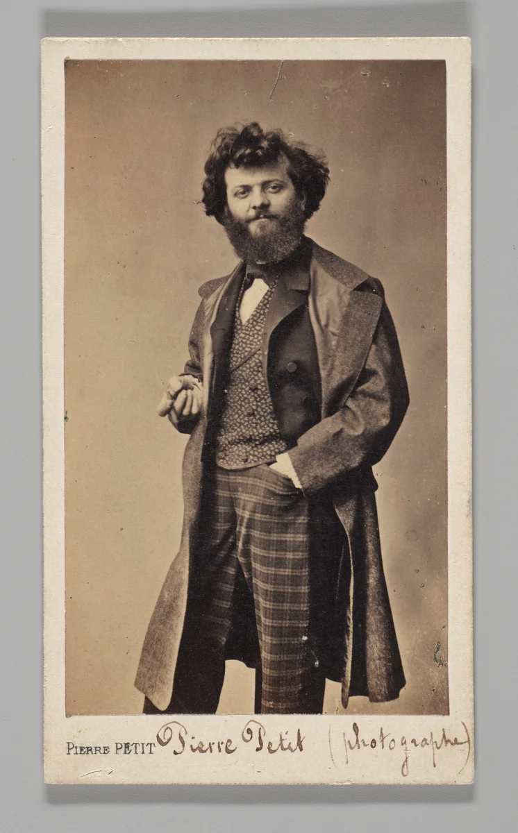 [Studio Portrait: Self-Portrait Wearing Plaid Pants and Overcoat] by Pierre Petit, photograph, 1860-1869