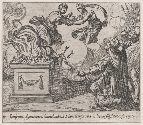 Plate 112: Agamemnon Sacrificing Iphigenia (Iphigenia Agamemnoni immolanda, à Diana (cerva eius in locum substituta) surripitur), from Ovid's 'Metamorphoses' by Antonio Tempesta, print, 1606