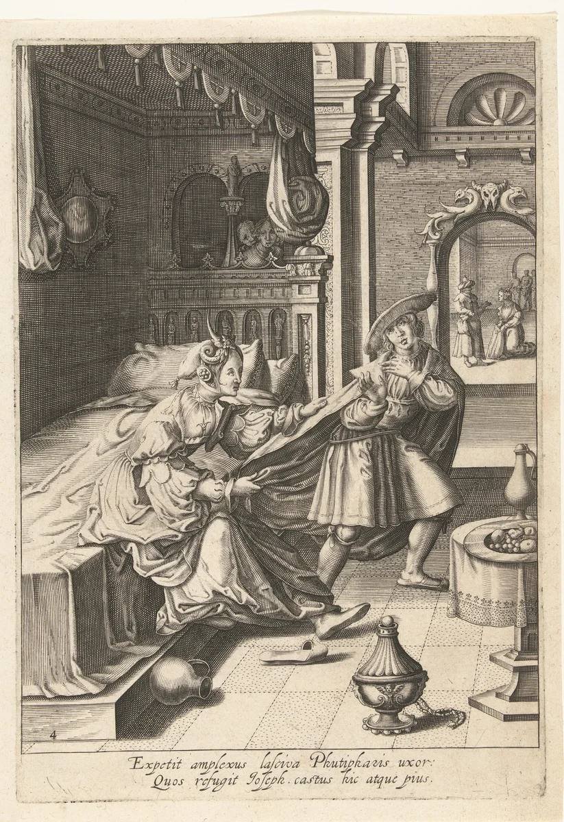 Jozef ontvlucht de vrouw van Potifar by Robert de Baudous, print, 1591-1659