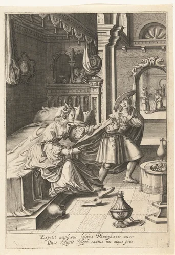 Jozef ontvlucht de vrouw van Potifar by Robert de Baudous, print, 1591-1659