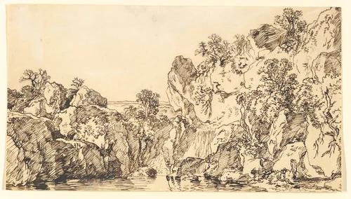 Rocky Landscape with a Lake by Franz Kobell, drawing, 1749-1822