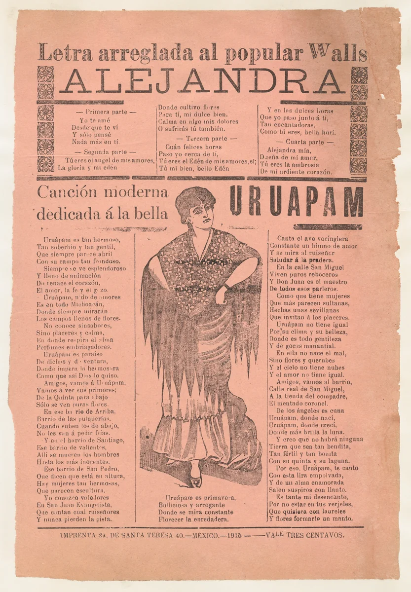 Broadsheet with two narrative love ballads about desirable women, woman wearing a shawl and a skirt with her hands placed on her hips by José Guadalupe Posada, print, 1910-1920