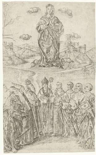 Verheerlijking van Maria met acht heiligen waaronder Johannes de Doper en Antonius de Grote en Franciscus van Assisi by Girolamo Mocetto, print, 1505-1509
