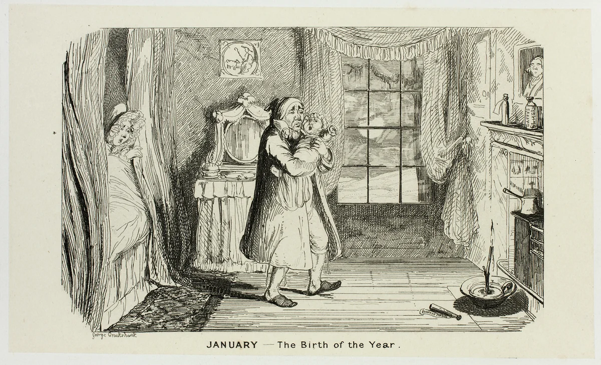 January - The Birth of the Year from George Cruikshank's Steel Etchings to The Comic Almanacks: 1835-1853 by George Cruikshank, print, 1839