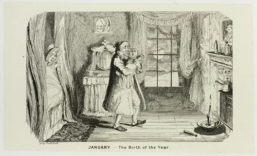 January - The Birth of the Year from George Cruikshank's Steel Etchings to The Comic Almanacks: 1835-1853 by George Cruikshank, print, 1839
