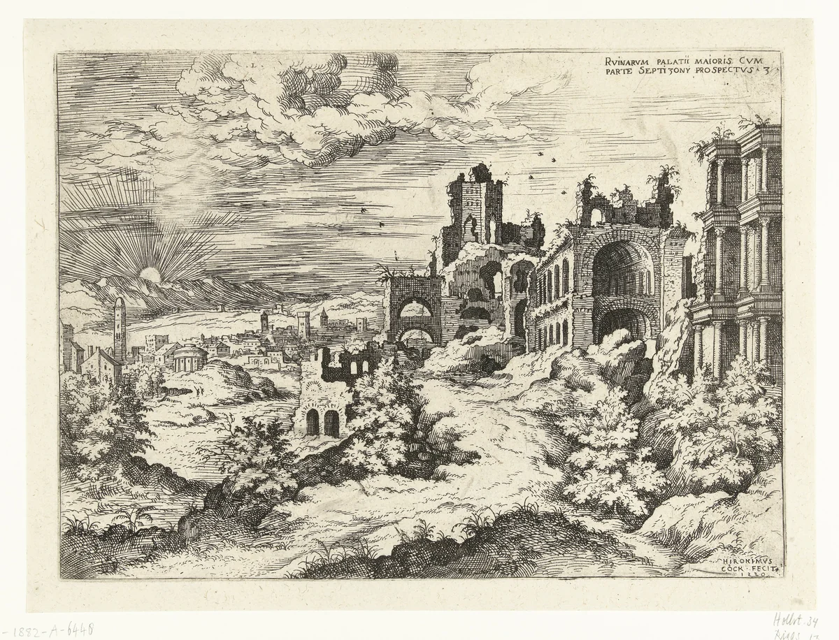 Gezicht op de Palatijn met zonsopgang by Unknown, print, 1550