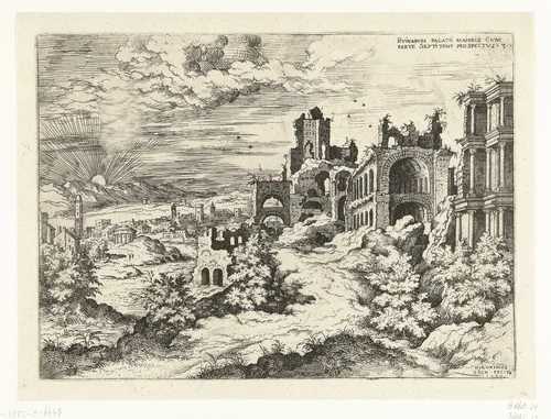 Gezicht op de Palatijn met zonsopgang by Unknown, print, 1550