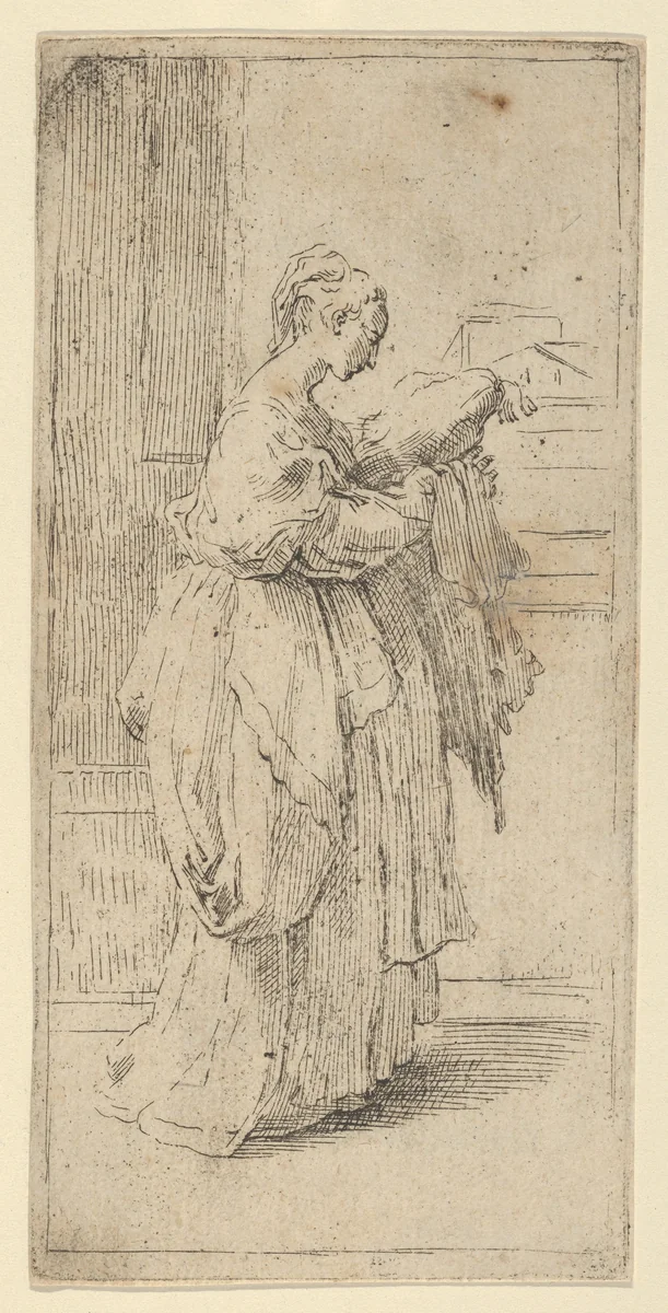 Girl carrying a cushion, seen in profile facing right by Guido Reni, print, 1585-1695