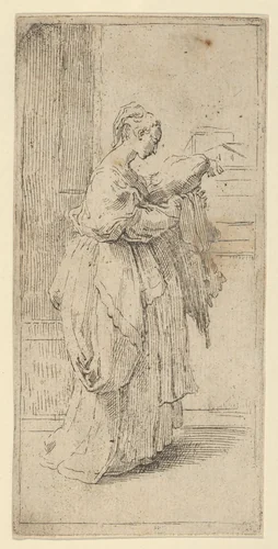 Girl carrying a cushion, seen in profile facing right by Guido Reni, print, 1585-1695